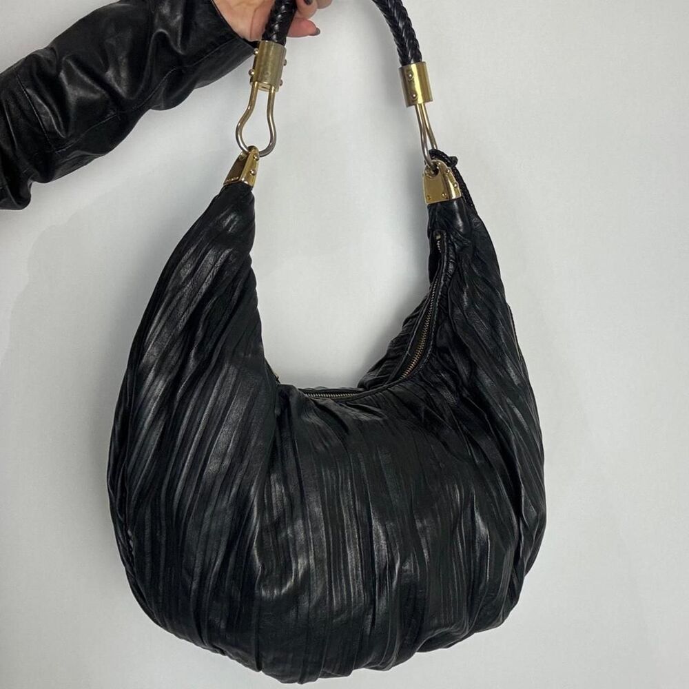 Michael Kors Collection Skorpios Vintage Y2K Pleated Black Leather Hobo Bag